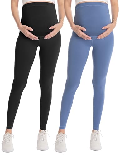 Over‑Belly Maternity Leggings, Soft Stretch Yoga Pants - color: 2 Packs-black/Blue, size: Medium