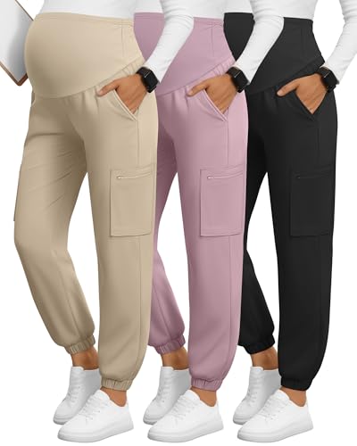 3 Pack Maternity Scrub Cargo Jogger Pants - color: Black, Dusty Purple, Apricot, size: Small