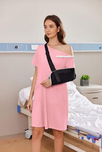 Deyeek Women Post Shoulder Surgery Tear Away Full Open Side Snap Nightgowns - color: Deep Pink, size: Medium