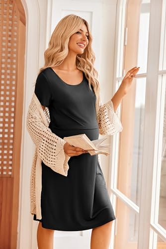 Maternity Summer Dress Breastfeeding Nursing Friendly Pregnancy Dresses - color: Black, size: Medium