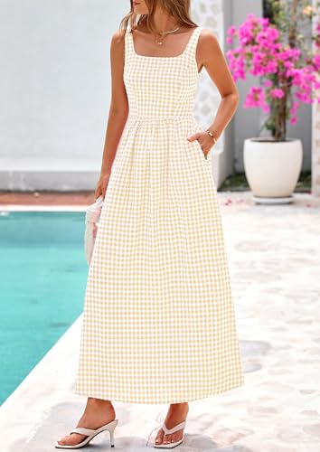 PRETTYGARDEN Women's Summer Gingham Maxi Long Dress - color: Beige, size: Small