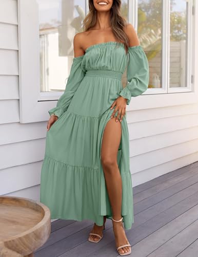 ZESICA Womens Fall Long Sleeve Boho Off Shoulder Maxi Dresses - color: Green, size: X-Small