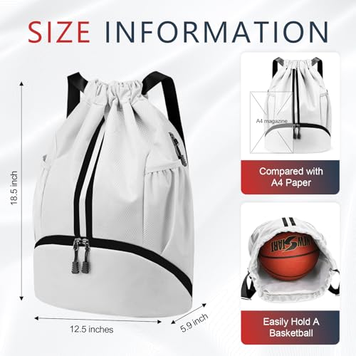 PinCute Gym Bag Drawstring Backpack for Sports, Swim, Workout, White - color: White
