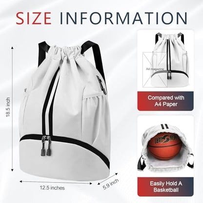 PinCute Gym Bag Drawstring Backpack for Sports, Swim, Workout, White - color: White