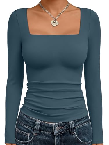 Trendy Queen Women's Square Neck Tops Cropped Going Out Long Sleeve Shirts - color: Haze Blue, size: Small