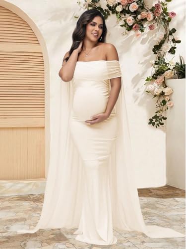 Maternity Mesh Off Shoulder Chiffon Cloak Maxi Photoshoot Dress - color: Beige, size: Medium