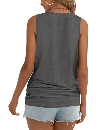 Anydoll Womens Tank Tops Summer V Neck Sleeveleeve Shirts Casual Ruched Tunics - color: Dark Grey, size: Medium