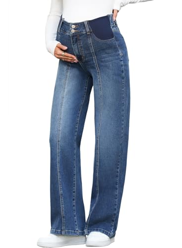 BLENCOT Women's Maternity Jeans High Waist Side Panel Wide Leg Denim Pants - color: Dark Blue, size: Medium