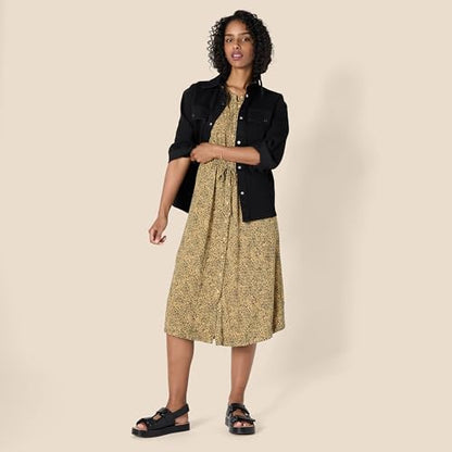 Amazon Essentials Women's Relaxed Fit Half-Sleeve Breathable Button Front Drawstring Waist Midi A-Line Dress with Pockets - color: Camel/Black - Mini Ikat Animal, size: Large