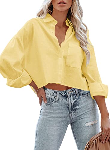 LAYOGAS Womens Crop Button Down Shirts Casual Long Sleeve Lapel Blouse - color: 05-yellow, size: Medium