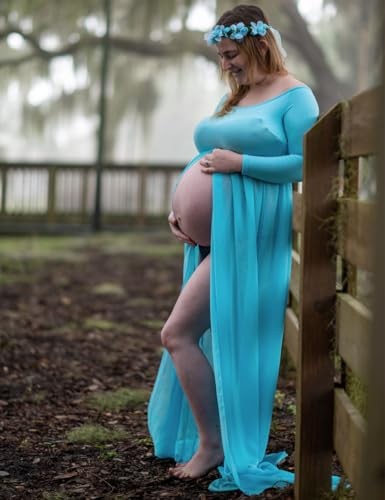 Maternity Off Shoulder Chiffon Gown Long Sleeve Front Split Maxi Photography Dress for Photoshoot - color: Sky Blue, size: X-Large