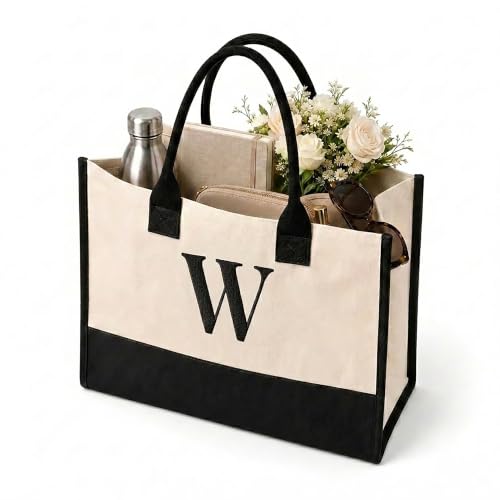 Salt Earth Canvas Tote Bag for Women, Personalized Initial Monogram Tote, Beach Grocery Utility Tote for Travel & Work - color: W, size: Soho Signature