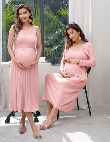 2 PCS Maternity Dress with Cardigan Set, Tank Maxi Pregnancy Dresses - color: Blush Pink, size: Small