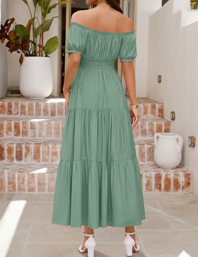 ZESICA Womens 2026 Summer Off Shoulder Boho Maxi Dress - color: Green, size: Small