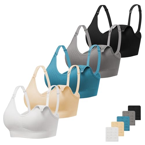 Angelhood Ribbed Nursing Bras 5 Pack Wireless V Neck Maternity Nursing Bra - color: Black/Grey/White/Acid Blue/Nude, size: Large