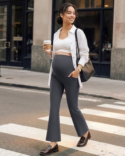 G4Free EverGoing Maternity Work Pants Pregnancy Ankle Flare Leg with Pocket - color: Dark Gray, size: X-Small