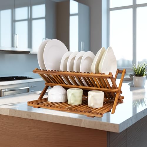 Utoplike Large Teak Dish Drying Rack, Wood Collapsible Organizer for Plates - size: 3 Tier-Large
