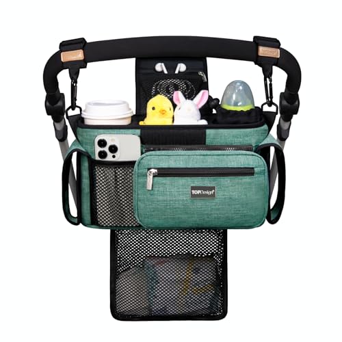 TOPDesign Universal Baby Stroller Organizer, Stroller Caddy with Detachable Mesh Bag & Heightened Insulated Cup Holders & Non-Slip Secure Hooks Accessories, Fits Most Strollers (Green) - color: Green, style: Pro