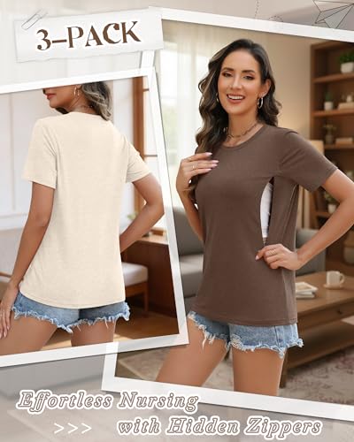 3 Pack Women's Nursing Shirts - color: Cream, Camel, Coffee Gray, size: Large