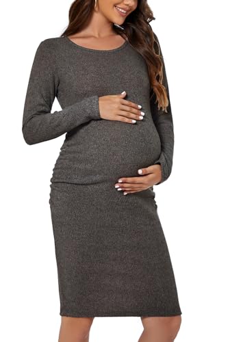 Smallshow Women's Knit Maternity Dress Long Sleeve Pregnancy Clothes - color: Deep Grey, size: Medium