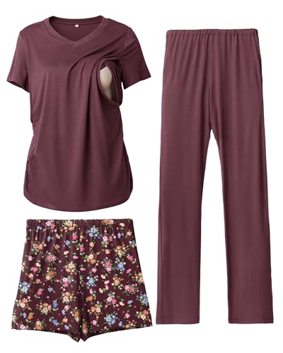 Rnxrbb 3 Piece Maternity Nursing Pajamas Set for Women Postpartum Pjs - color: Dark Purple+floral Shorts, size: Medium