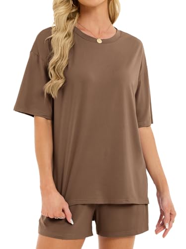 Women's 2 Piece Short Sets Loose Lounge Sets Oversized Summer Matching Sets - color: Coffee, size: Medium