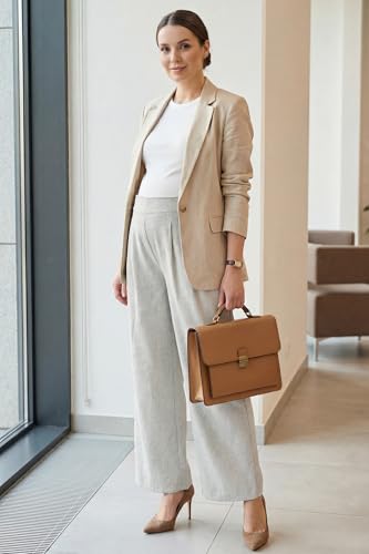 OUGES Women's Linen Maternity Pants Casual Work Adjustable Waist Straight Leg Business Office Trousers with Pockets - color: Linen, size: Large