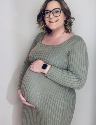 LAHILO Long Sleeve Knit Ribbed Maternity Sweater Dress for Fall Winter - color: Greenish Gray, size: Small
