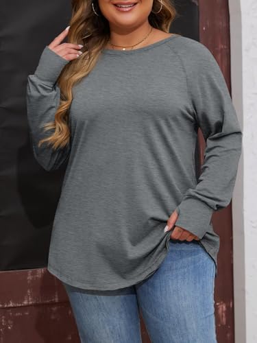 Fisoew Womens Plus Size Long Sleeve Tunic Tops Crew Neck Loose Fit T Shirts - color: Dark Grey, size: 5X-Large