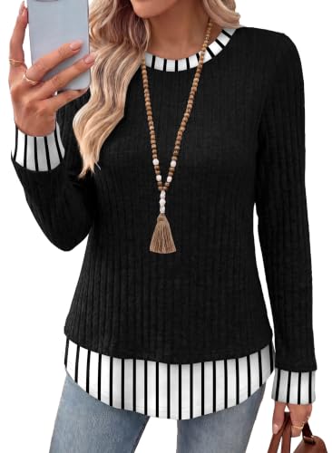 WIHOLL Womens Long Sleeve Shirts Fall Outfits Lightweight Sweaters 2026 - color: Black-striped, size: Large