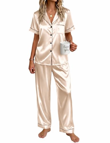 Ekouaer Womens Satin Pajama Set Silky Short Sleeve Button Down Pj Set - color: Champagne, size: Large