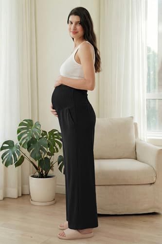 OUGES Womens Lyocell Cotton Maternity Pants Over Belly Smocked Waist Stretchy Casual Wide Leg Palazzo Pants with Pockets - color: Black, size: Medium