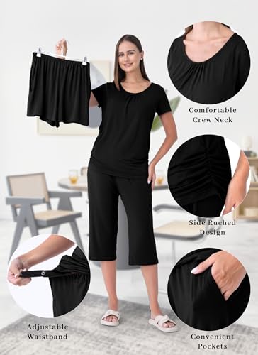 3 Piece Nursing Pajamas Set for Women Maternity & Postpartum Pjs - color: Black, size: Small
