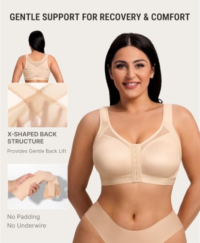 FeelinGirl Front Closure Post Surgery Compression Bra with Adjustable Straps Wireless Breast Augmentation Post Op Bras - color: Beige, size: X-Large