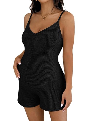 BLENCOT Maternity Ribbed Stretchy Romper V Neck One Piece Shorts Jumpsuits - color: Black, size: Small