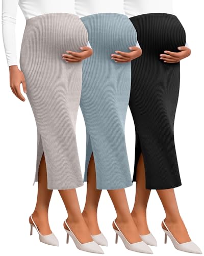 Neer 3 Pack Women's Ribbed Knit Maternity Skirts - color: Light Coffee, Light Blue, Black, size: X-Large