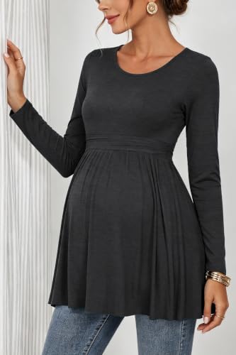 Women's Maternity Tops Pleated Waist Shirts Pregnancy Tunic Clothes - color: Deep Grey, size: Medium