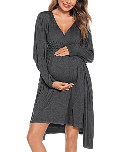 SWOMOG Women Maternity Nursing Gown and Robe Set 3 in 1 Labor Delivery Nursing Nightgown for Breastfeeding Hospital Bathrobe - color: Dark Grey, size: Medium