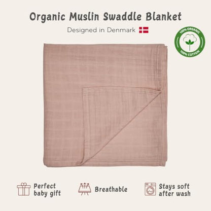 Swaddle Blanket, 100% Organic Cotton Muslin, 47"x47" Newborn - color: Blush