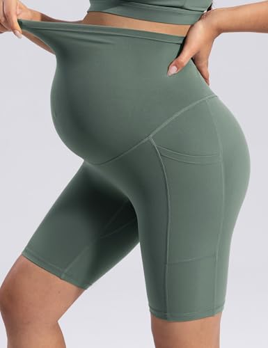 POSHDIVAH Creamluxe Maternity Biker Shorts with Pockets 6"/8" - color: Olive Mist, size: Medium