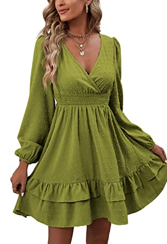Rooscier Women's Wrap V Neck Swing Ruffle Swiss Dots Long Sleeve Mini Dress - color: Grass Green, size: Small