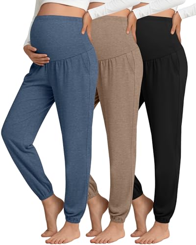 3 Pack Women's Maternity Jogger Pregnancy Sweatpants - color: Gray Blue, Camel, Black, size: Medium