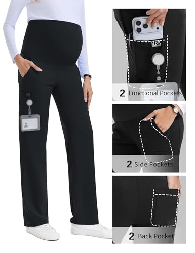 QBK Women's Maternity Scrub Pants Cargo Work Pants 4-Way Stretch 6 Pockets - color: Black, size: X-Large