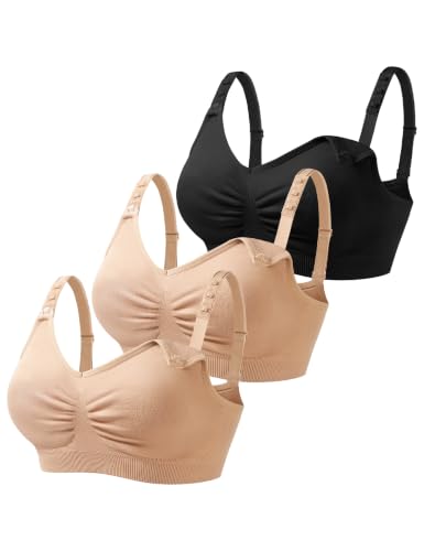 HOFISH 3PACK Full Bust Seamless Nursing Maternity Bras Bralette S-XXL with Extra Bra Extenders & Clips - color: 1 Black/2 Beige, size: Medium