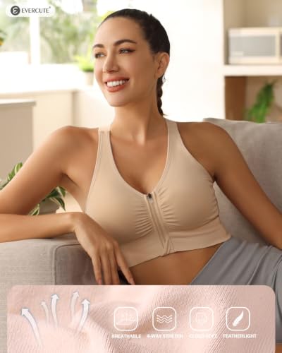 Women's Zip Front Post-Surgery Sports Bras, Wireless Padded Mastectomy Bra - color: Black Gray Flesh Purple 4 Pack, size: Medium