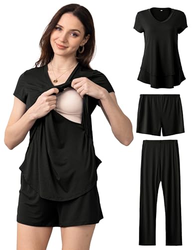 SUNNYBUY 3 PCS Maternity Breastfeeding Pajamas Set with Hidden Nursing Top - color: Black, size: Medium