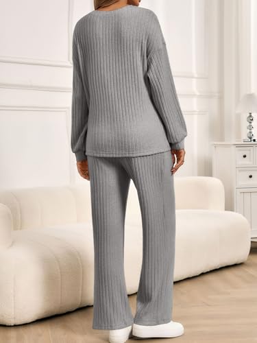 Yousify Womens Maternity Pajamas Sets 2 Piece Outfits Ribbed Knit Lounge Set - color: Grey, size: Medium