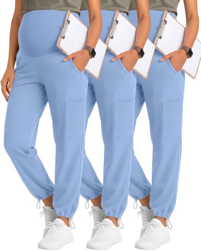 Locoowai 3 Pack Women's Maternity Jogger Scrub Pants with Pocket - color: Light Blue, Light Blue, Light Blue, size: Medium