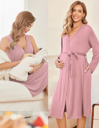 Ekouaer Maternity Nursing Gown and Robe Set Labor Delivery Nightgowns - color: Mauve, size: Medium