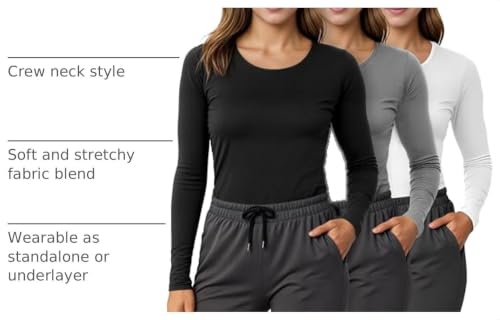 Soft Stretch Cotton Blend Women's Underscrub Shirt Slim Fit Comfort Tee - color: Black/Light Grey/White, size: Medium